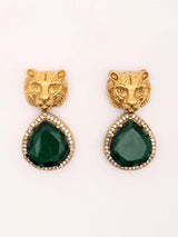 Brass Stone Studded V Shape Statement Necklace and Earrings Set