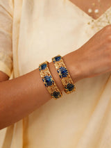 Meenakari Lotus and Lakshmi Temple Bangles in Antique Brass (Set of 2)