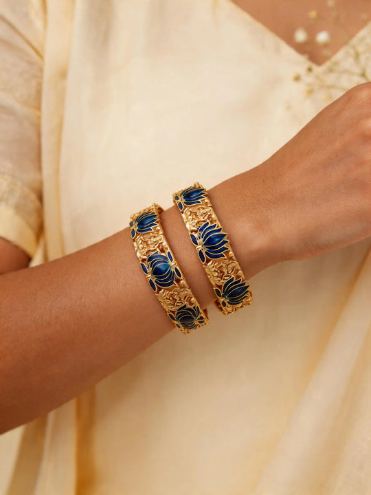 Meenakari Lotus and Lakshmi Temple Bangles in Antique Brass (Set of 2)