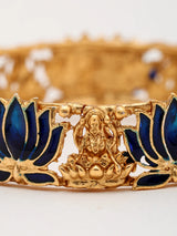Meenakari Lotus and Lakshmi Temple Bangles in Antique Brass (Set of 2)