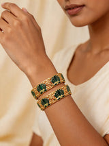 Meenakari Lotus and Lakshmi Temple Bangles in Antique Brass (Set of 2)