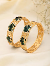 Meenakari Lotus and Lakshmi Temple Bangles in Antique Brass (Set of 2)