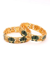 Meenakari Lotus and Lakshmi Temple Bangles in Antique Brass (Set of 2)