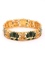 Meenakari Lotus and Lakshmi Temple Bangles in Antique Brass (Set of 2)
