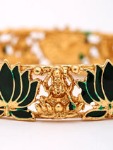 Meenakari Lotus and Lakshmi Temple Bangles in Antique Brass (Set of 2)
