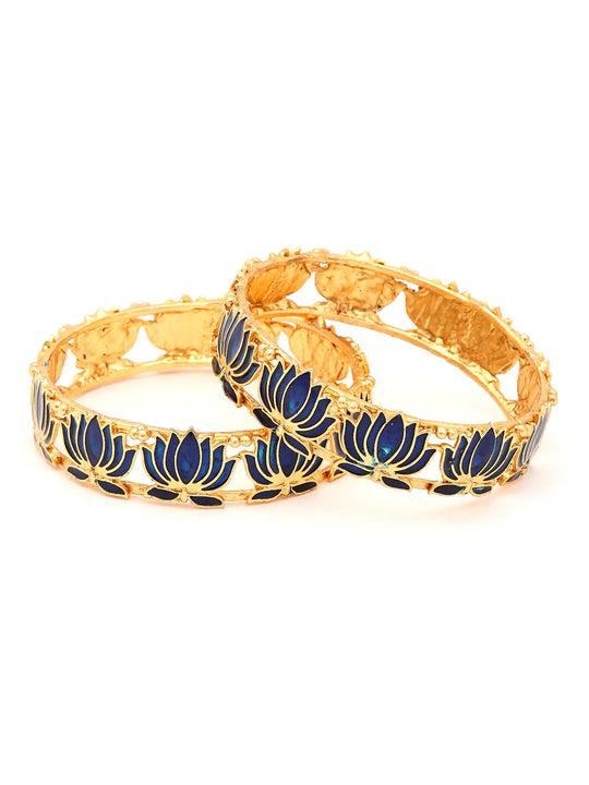 Meenakari Lotus Brass Bangles in Blue and Green (Set of 2)