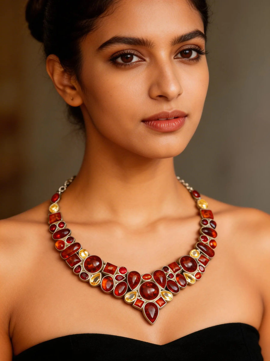 Cabochon Amber, Citrine and Garnet Sterling Silver Necklace