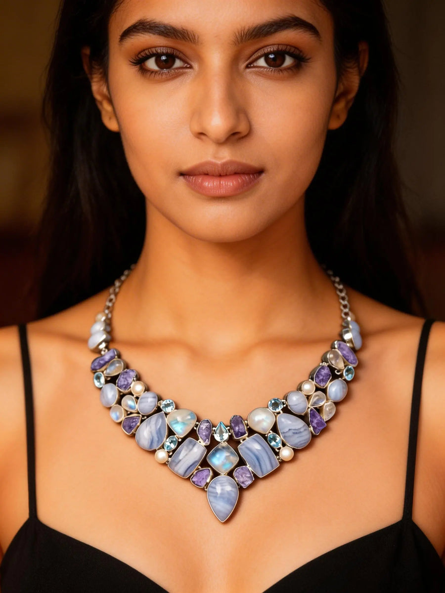 Blue Lace Agate, Moonstone and Tanzanite Silver Necklace
