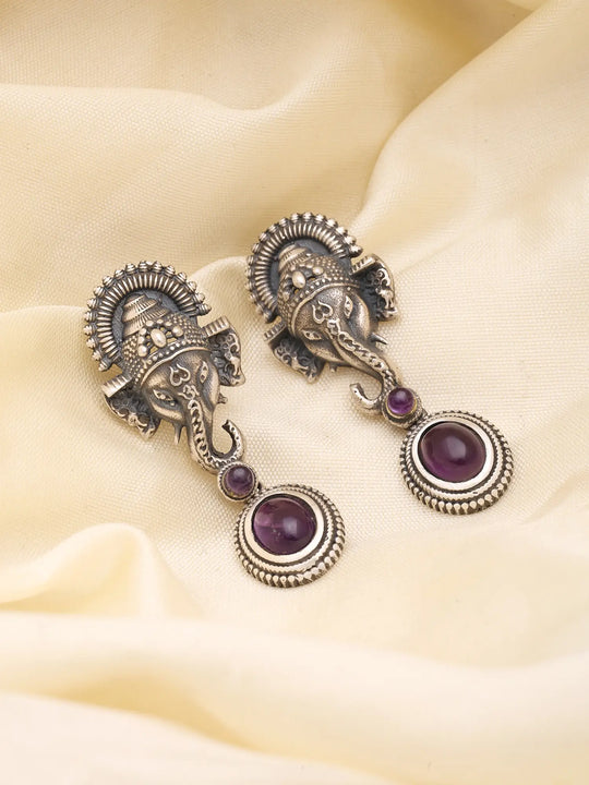 Ganesha Oxidised Sterling Silver Drop Earrings with Gemstone