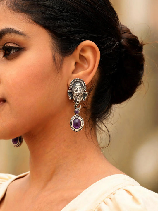 Ganesha Oxidised Sterling Silver Drop Earrings with Gemstone