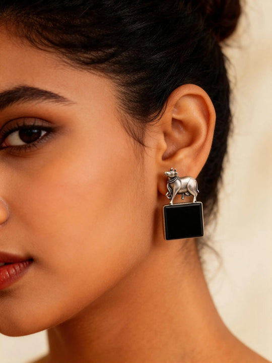 Sterling Silver Cow Earrings with Rectangular Gemstone