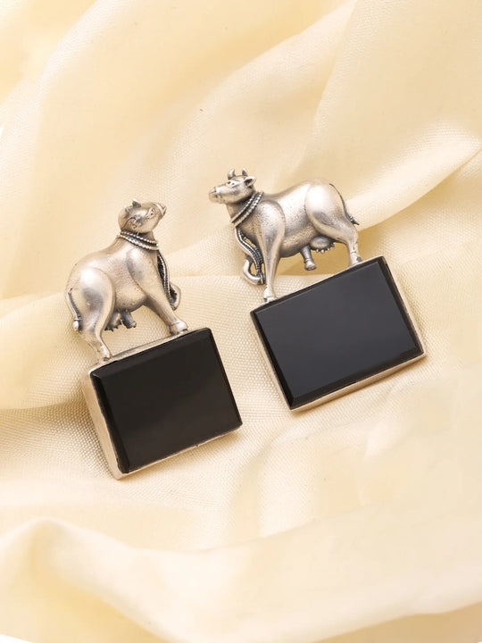 Sterling Silver Cow Earrings with Rectangular Gemstone