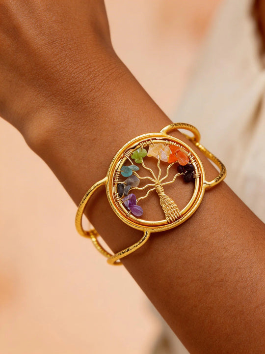 Seven Chakra Stone Tree of Life Brass Cuff Bracelet