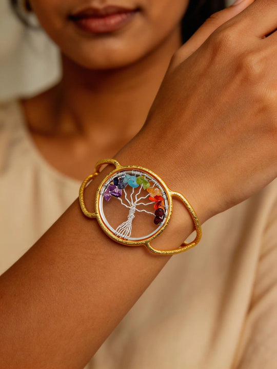 Seven Chakra Stone Tree of Life Brass Cuff Bracelet