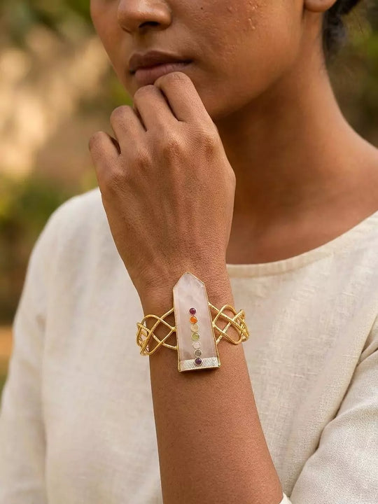 Rose Quartz Open Cuff Bracelet in Brass