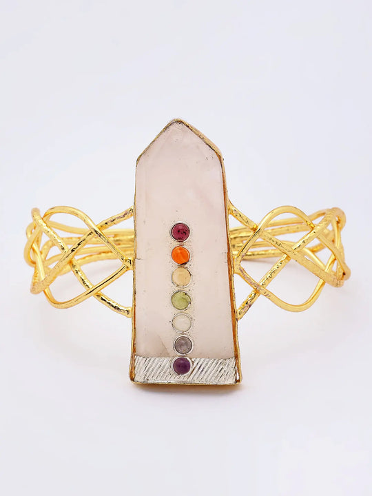 Rose Quartz Open Cuff Bracelet in Brass