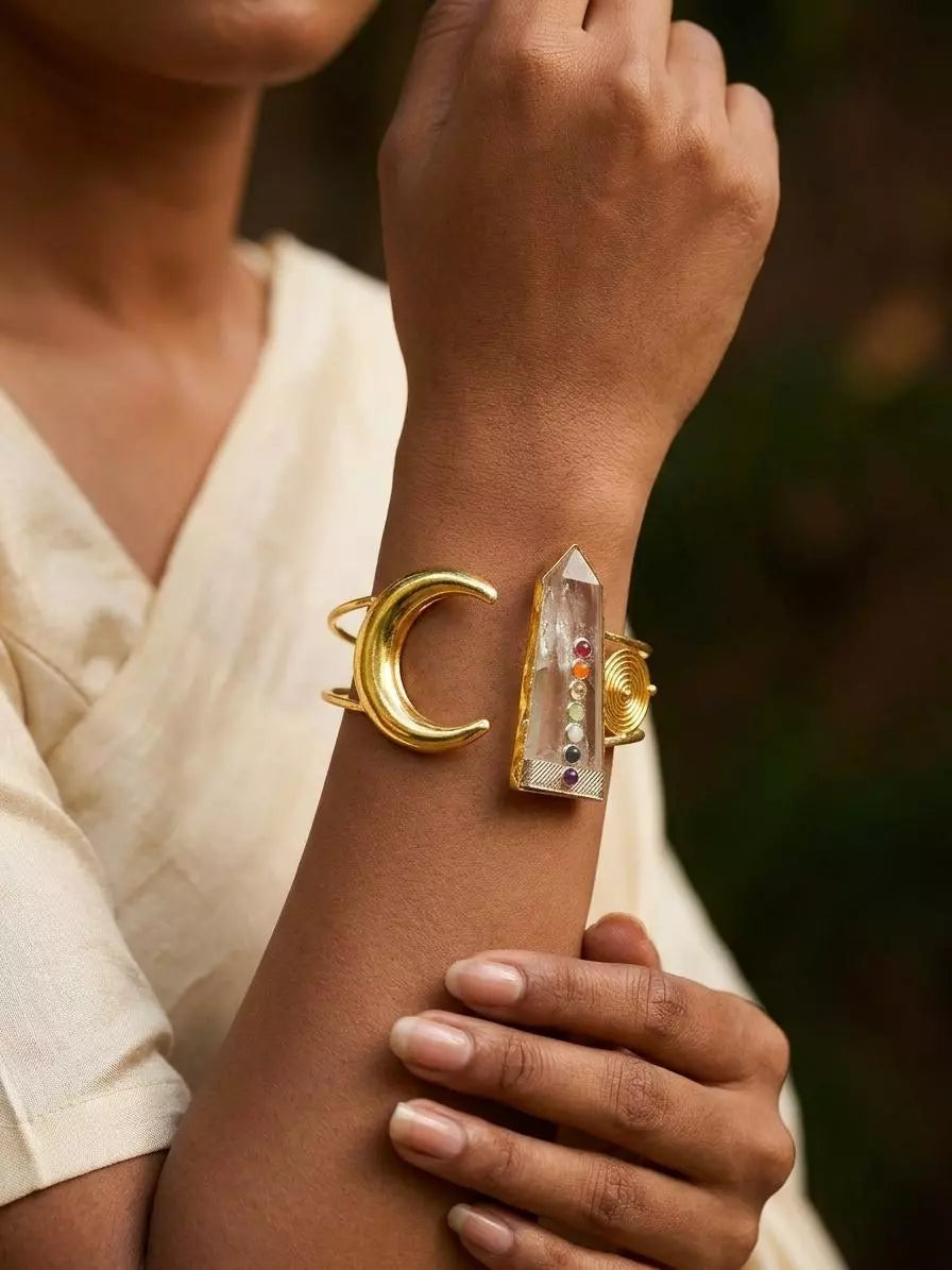 Crystal Crescent Moon Brass Cuff Bracelet