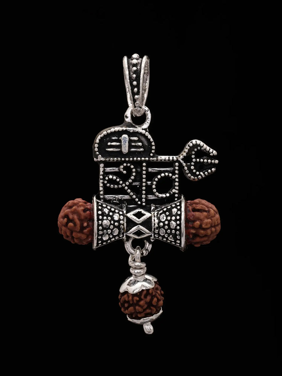 Shiva Trident Damru and Rudraksha Sterling Silver Pendant