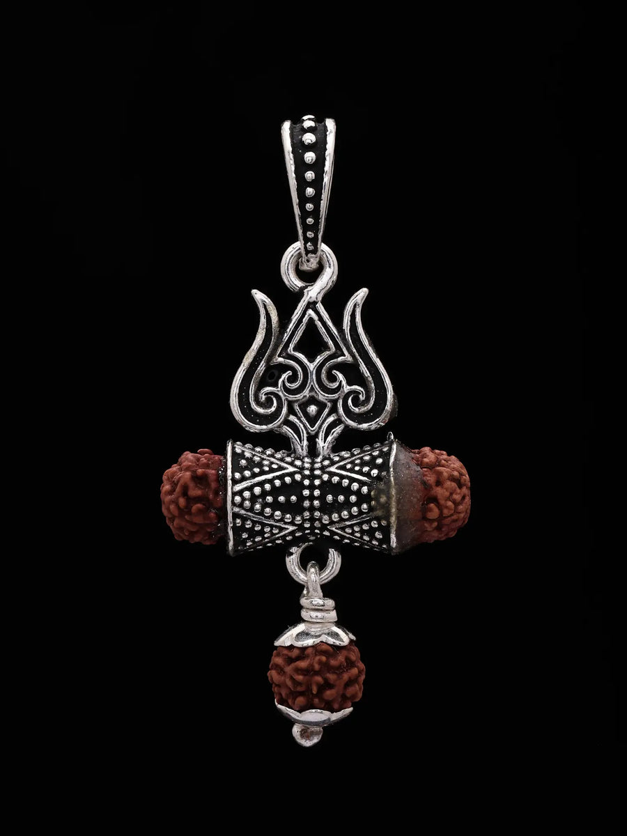 Trident Damru and Rudraksha Sterling Silver Pendant