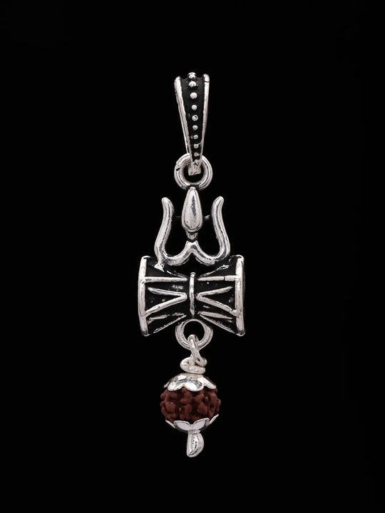 Trident Damru and Rudraksha Sterling Silver Pendant