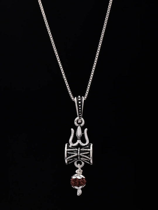 Trident Damru and Rudraksha Sterling Silver Pendant
