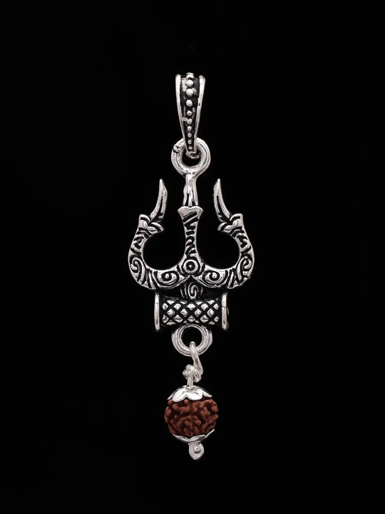 Trishul and Dangling Damru Sterling Silver Pendant