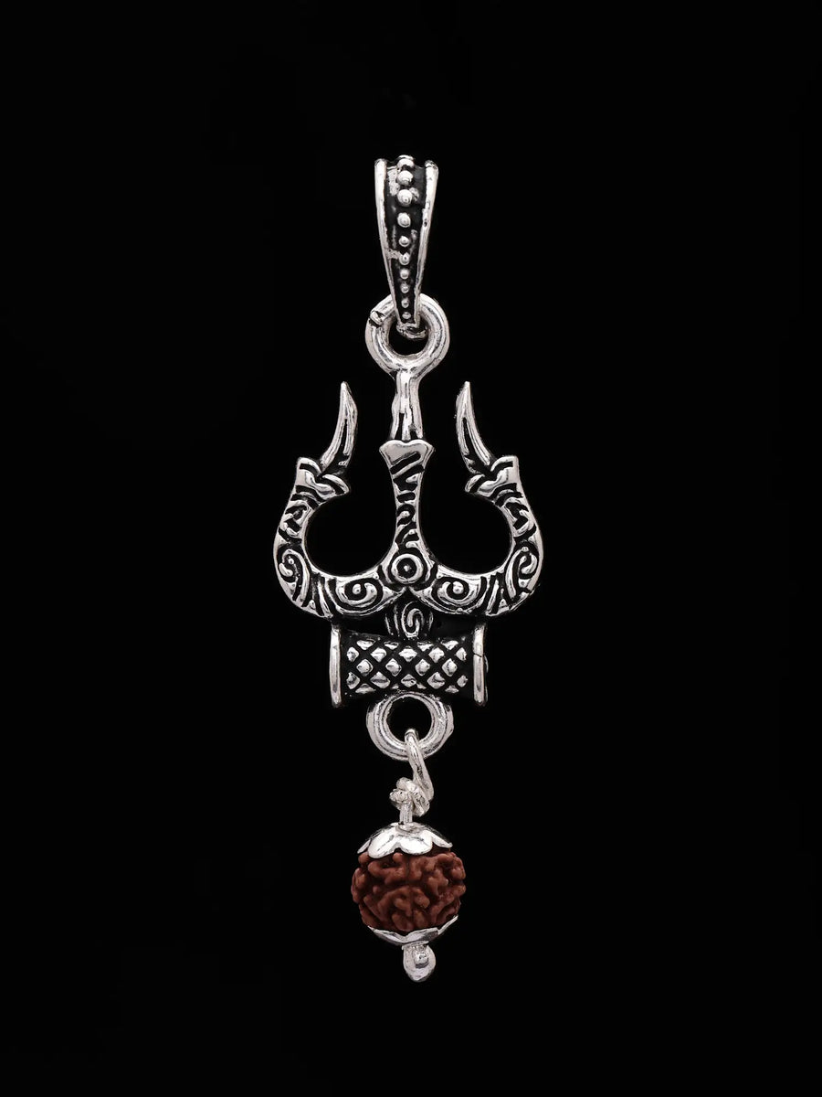 Trishul and Dangling Damru Sterling Silver Pendant