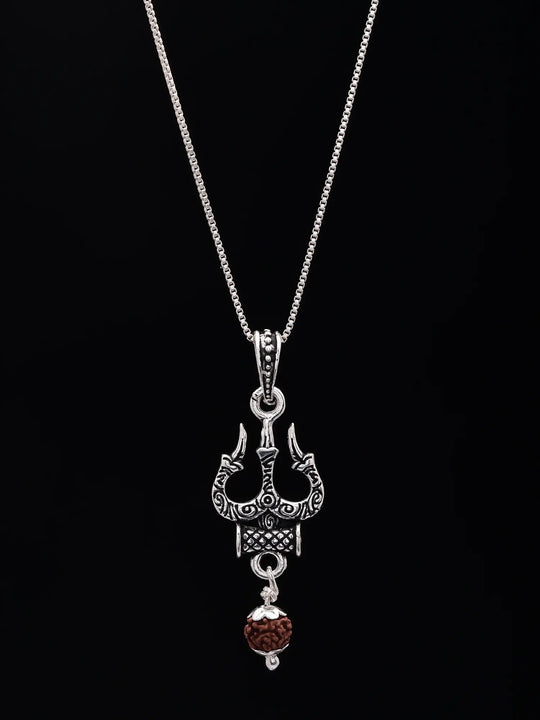 Trishul and Dangling Damru Sterling Silver Pendant