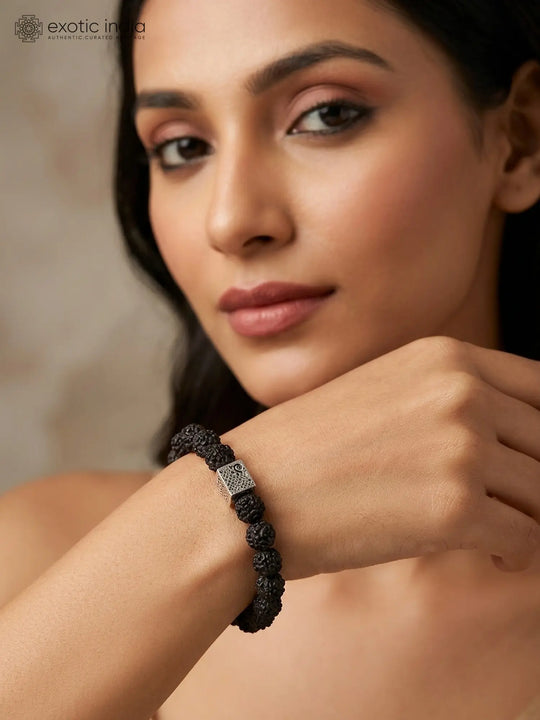 Natural Rudraksha and Sterling Silver Beaded Bracelet