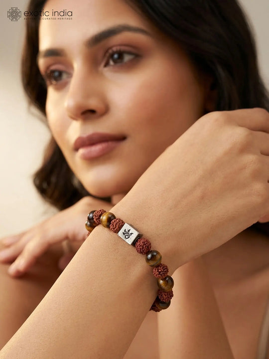 Rudraksha and Tiger's Eye Sterling Silver Stretch Bracelet