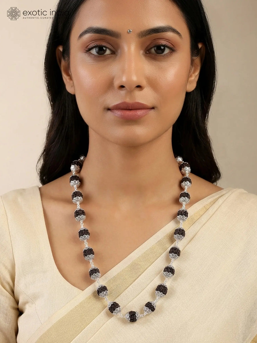 Black Rudraksha and Sterling Silver Mala Necklace