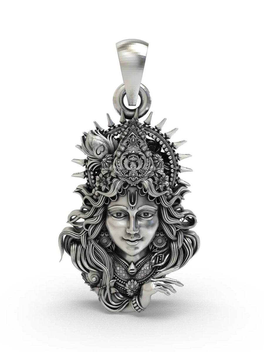 Lord Krishna Face Sterling Silver Pendant with Ornate Crown