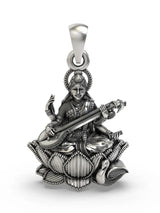 Goddess Saraswati Veena Lotus Sterling Silver Necklace