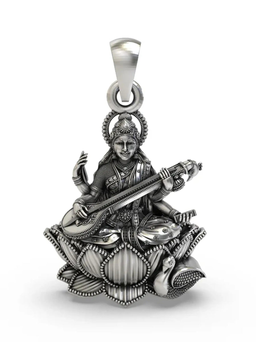 Goddess Saraswati Veena Lotus Sterling Silver Necklace