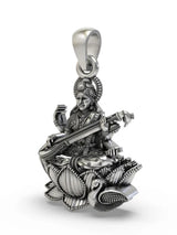 Goddess Saraswati Veena Lotus Sterling Silver Necklace