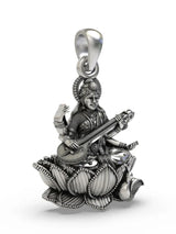 Goddess Saraswati Veena Lotus Sterling Silver Necklace