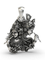 Radha Krishna Fluted Sterling Silver Pendant with Floral Detail