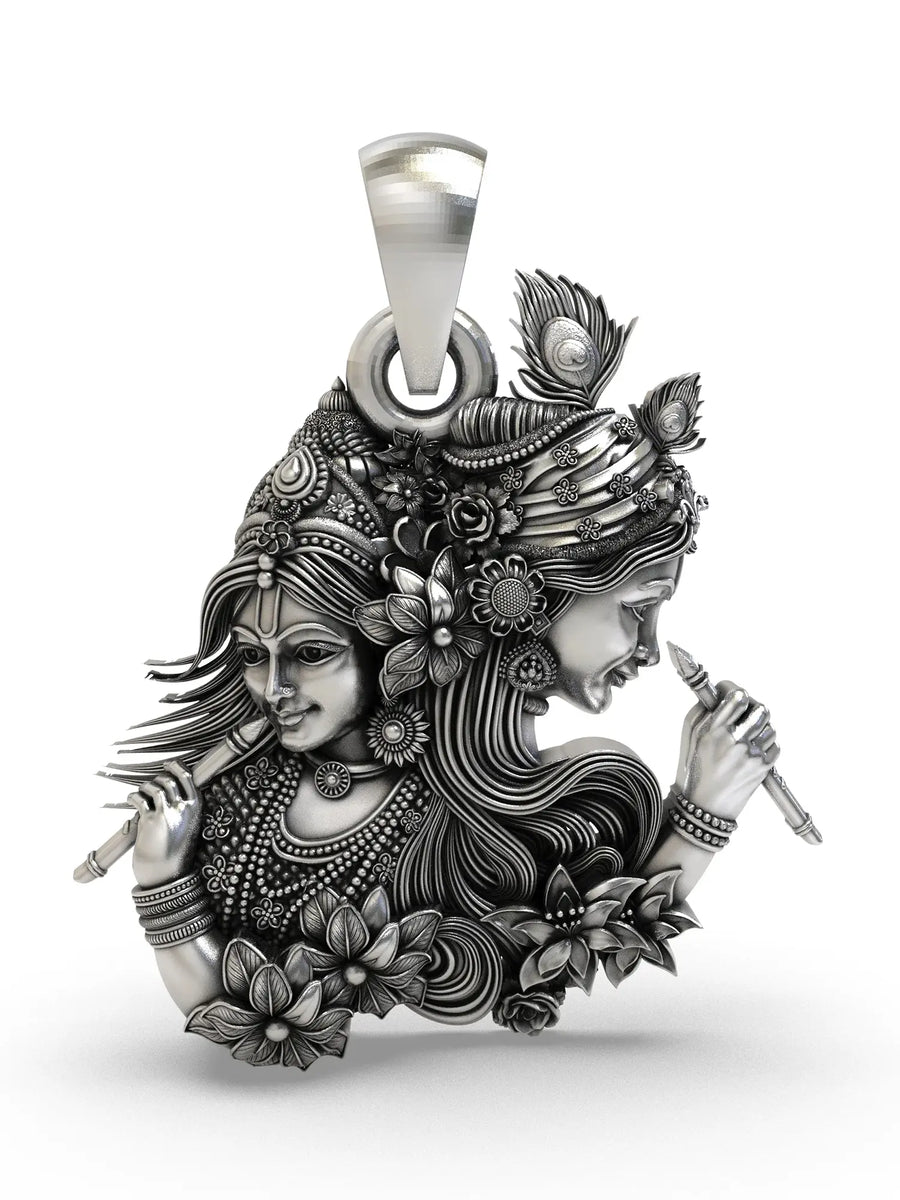 Radha Krishna Fluted Sterling Silver Pendant with Floral Detail