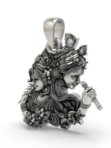 Radha Krishna Fluted Sterling Silver Pendant with Floral Detail