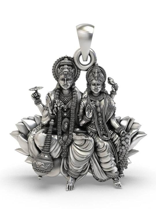 Vishnu and Lakshmi on Lotus Temple Silver Pendant