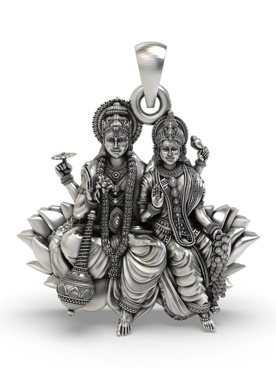 Vishnu and Lakshmi on Lotus Temple Silver Pendant