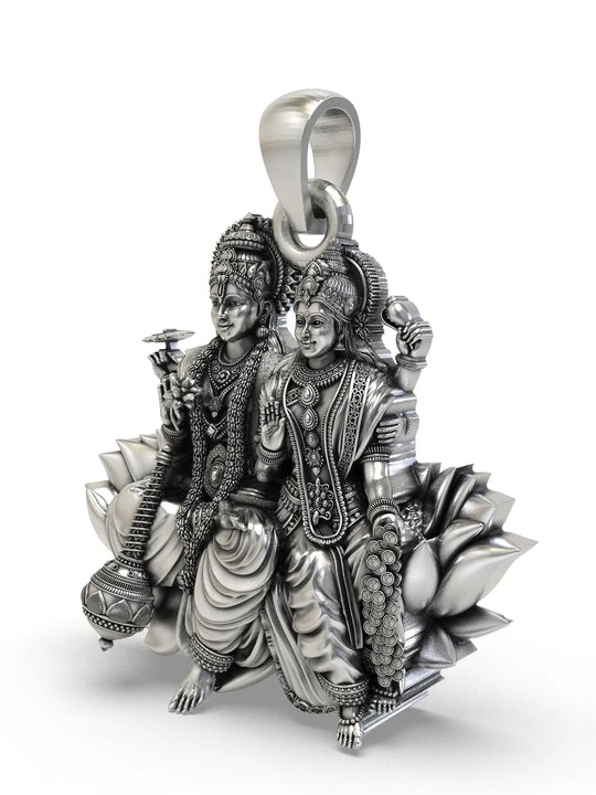 Vishnu and Lakshmi on Lotus Temple Silver Pendant