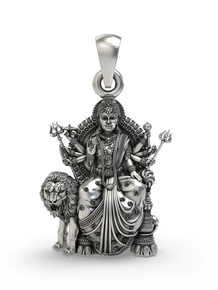 Goddess Durga on Lion Throne Sterling Silver Pendant