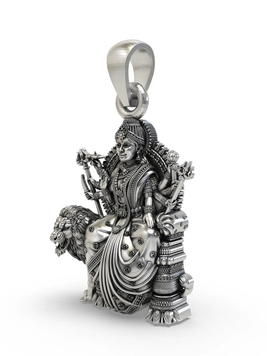 Goddess Durga on Lion Throne Sterling Silver Pendant