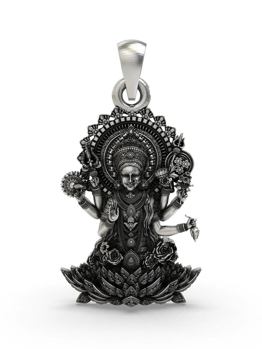Shat Bhuja Lakshmi on Lotus Sterling Silver Pendant