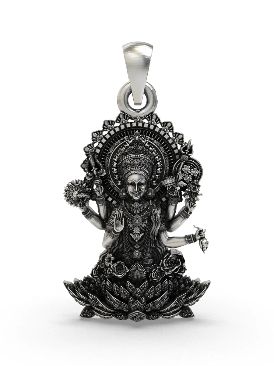 Shat Bhuja Lakshmi on Lotus Sterling Silver Pendant