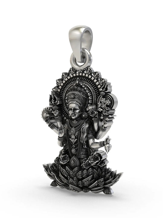 Shat Bhuja Lakshmi on Lotus Sterling Silver Pendant