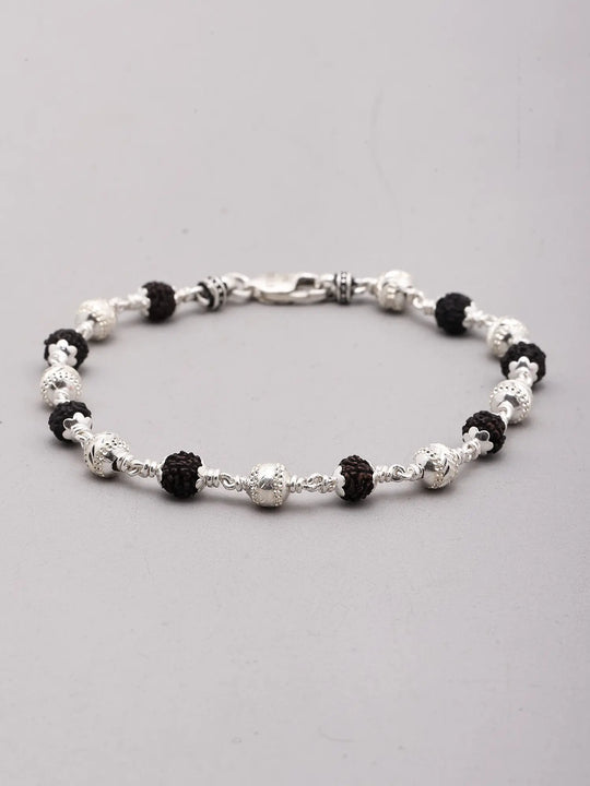 Rudraksha and Textured Sterling Silver Bracelet