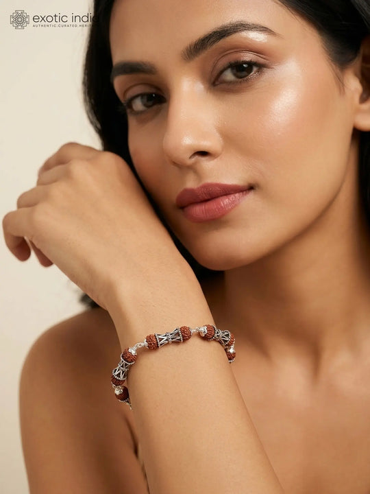 Rudraksha and Sterling Silver Damru Bead Bracelet