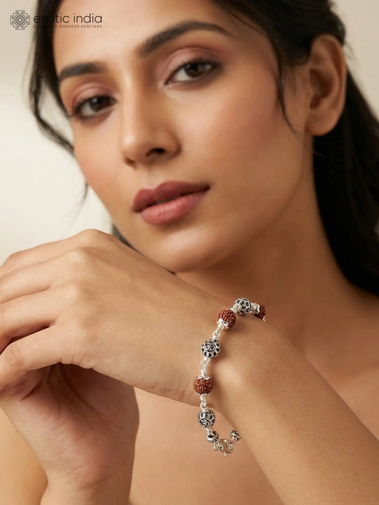 Rudraksha and Sterling Silver Lattice Bead Bracelet